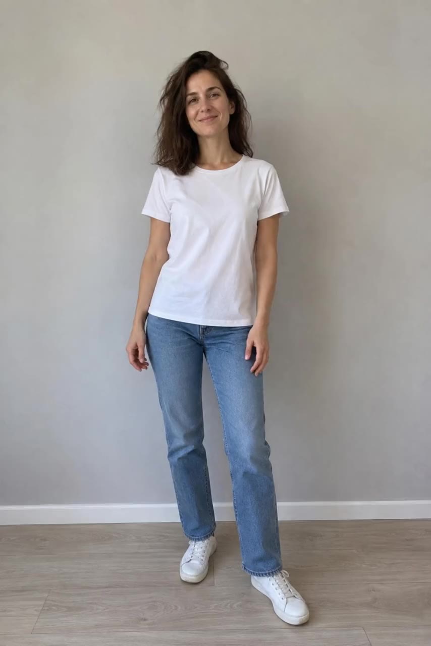 Original video: A woman in a plain white T-shirt and jeans takes two steps toward the camera and makes a quarter turn by a pale wall.
