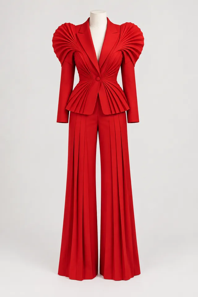 Photo 1: a scarlet pantsuit with pleated fan shoulders and wide pleated pants, shown on a headless dress form