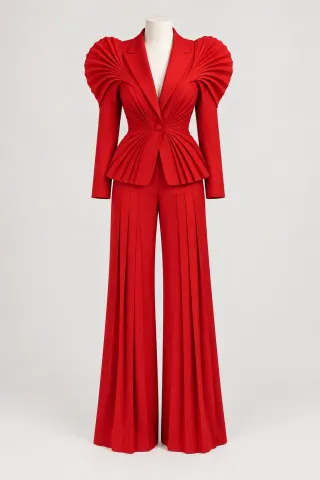 Scarlet sculptural pleated pantsuit on a headless dress form