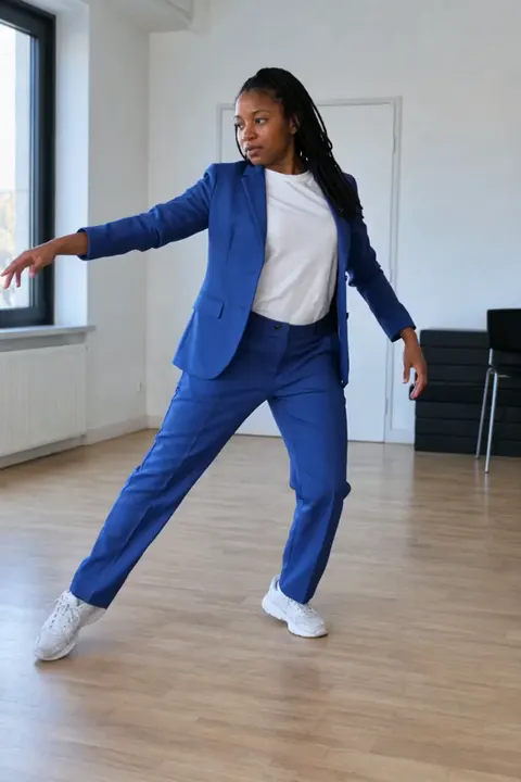 Actual Aisma result: Cobalt power outfit on the same fifteen-second room dance. This is a complete real Aisma edit.