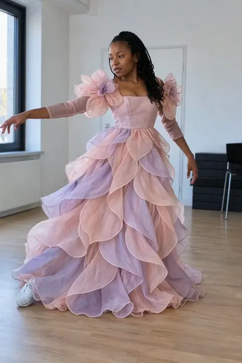 Actual Aisma result: Pink petals outfit on the same fifteen-second room dance. This is a complete real Aisma edit.