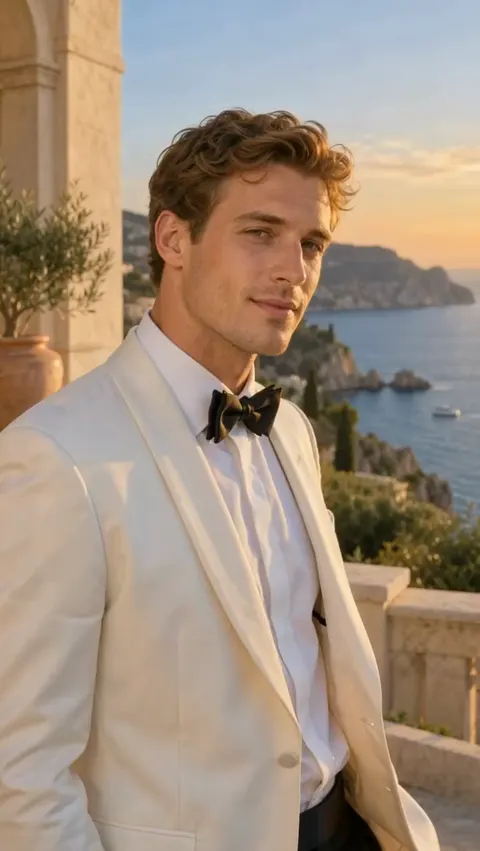 Actual Aisma result: The same moment on the terrace in a white tuxedo jacket with a white dress shirt and a black bow tie.