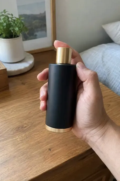 Actual Aisma result: The same hand turning a tall matte-black bottle with a gold cap.
