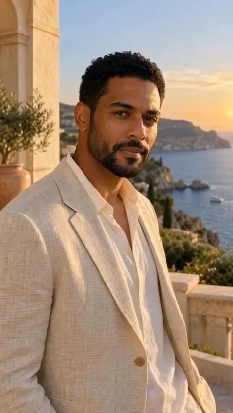 Actual Aisma result: A fictional adult takes the leading role on a sunlit Mediterranean terrace. The linen jacket and seaside setting remain recognizable.