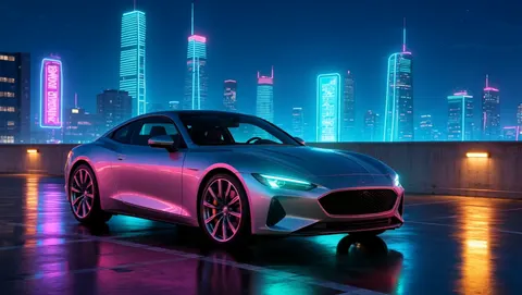Actual Aisma result: A concrete parking deck becomes a futuristic neon city at night, with wet pavement and new reflections around the silver coupe.
